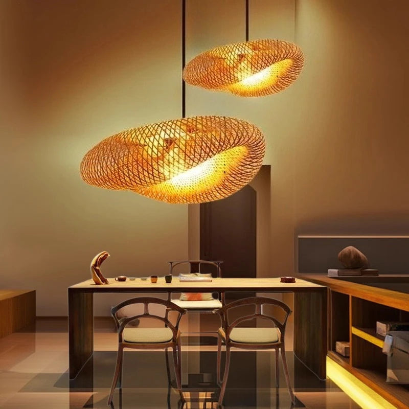 Handmade Vintage Bamboo Weaving LED Pendant Light Home Hanging Chandelier Lighting Living Room Kitchen Rattan Woven Lamp