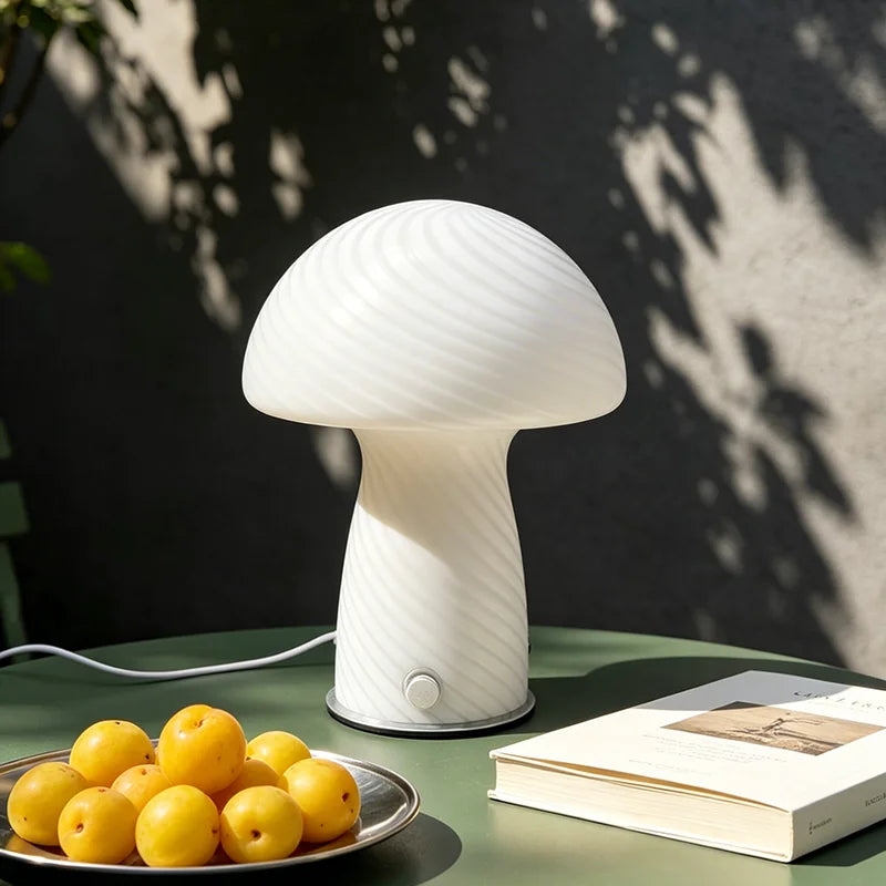 Mid Century Murano Glass Mushroom Table Lamp, Plug-In LED Bedside Light for Retro Aesthetic Living Room Home Decor