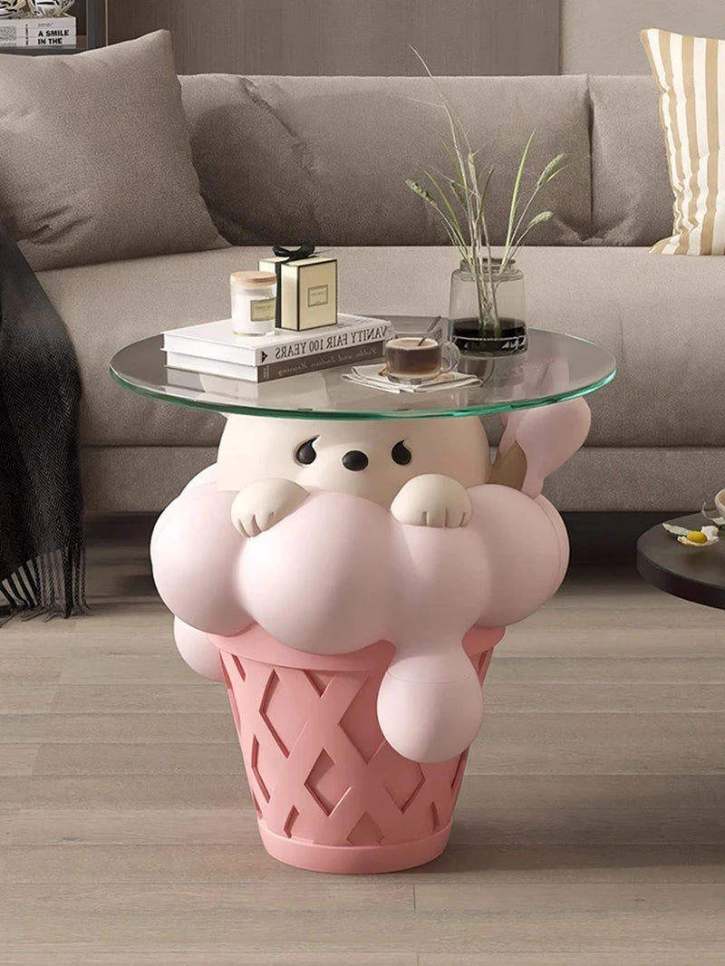 Home Decor Bear Statues round Glass Side Table Nordic Living Room Creative Animal Sculpture Coffee Tables Bedroom Bedside Tables
