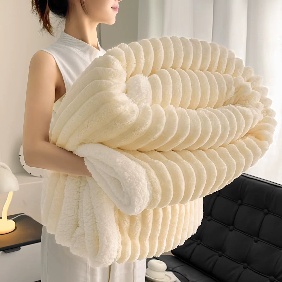 Cozy Fluffy Coral Fleece Blanket Thick Warm Striped Winter Duvets Soft Plush Sofa Throw Blanket Queen Bedroom Bedspread for Home