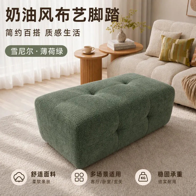 Cotton Linen Square Ottoman Footstool Living Room