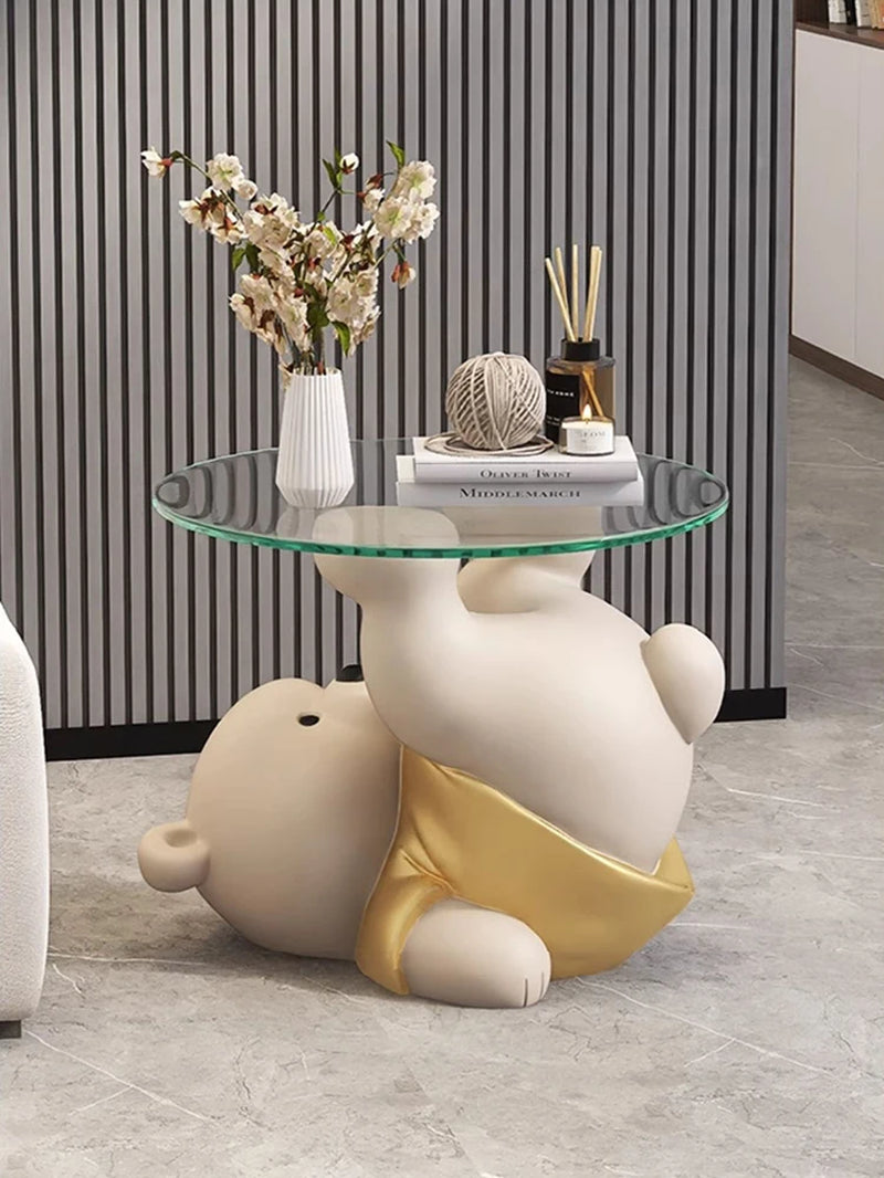 Home Decor Bear Statues round Glass Side Table Nordic Living Room Creative Animal Sculpture Coffee Tables Bedroom Bedside Tables