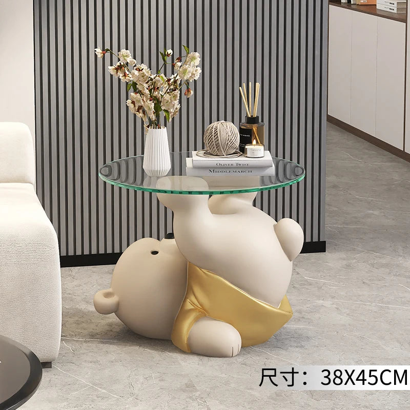 Home Decor Bear Statues round Glass Side Table Nordic Living Room Creative Animal Sculpture Coffee Tables Bedroom Bedside Tables