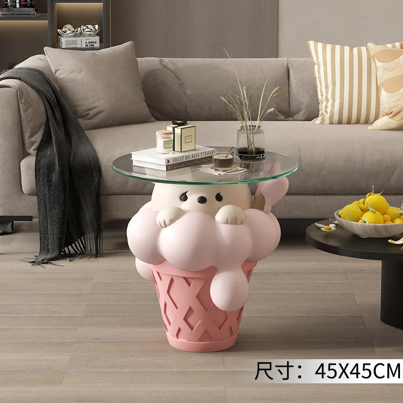 Home Decor Bear Statues round Glass Side Table Nordic Living Room Creative Animal Sculpture Coffee Tables Bedroom Bedside Tables