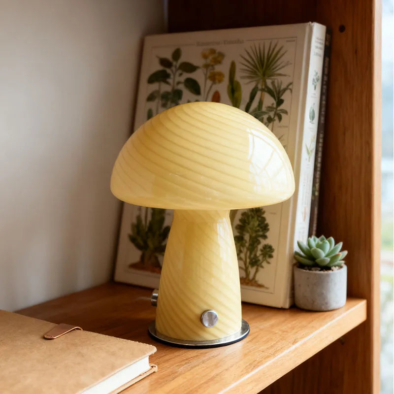 Mid Century Murano Glass Mushroom Table Lamp, Plug-In LED Bedside Light for Retro Aesthetic Living Room Home Decor