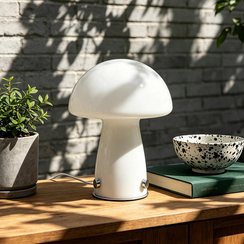 Mid Century Murano Glass Mushroom Table Lamp, Plug-In LED Bedside Light for Retro Aesthetic Living Room Home Decor