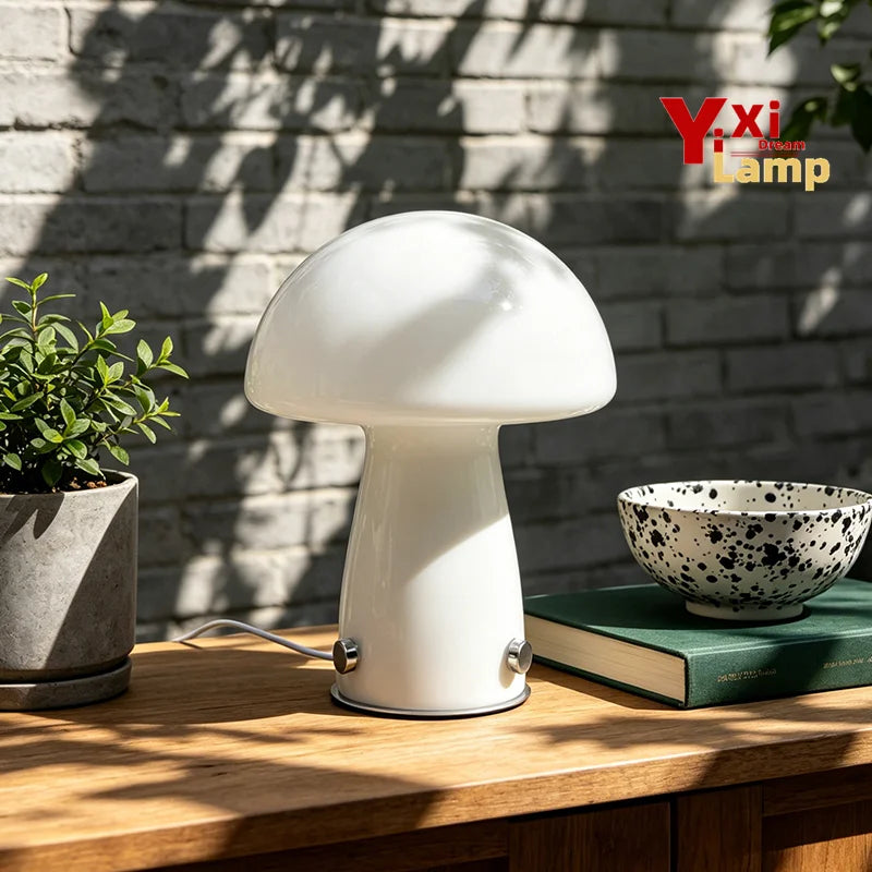 Mid Century Murano Glass Mushroom Table Lamp, Plug-In LED Bedside Light for Retro Aesthetic Living Room Home Decor