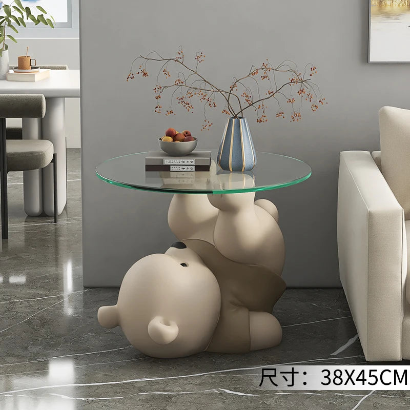Home Decor Bear Statues round Glass Side Table Nordic Living Room Creative Animal Sculpture Coffee Tables Bedroom Bedside Tables