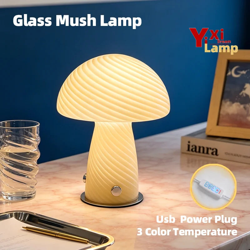 Mid Century Murano Glass Mushroom Table Lamp, Plug-In LED Bedside Light for Retro Aesthetic Living Room Home Decor
