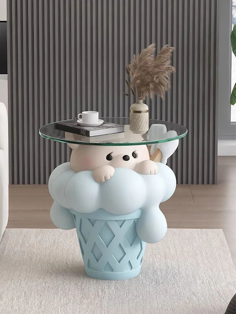 Home Decor Bear Statues round Glass Side Table Nordic Living Room Creative Animal Sculpture Coffee Tables Bedroom Bedside Tables