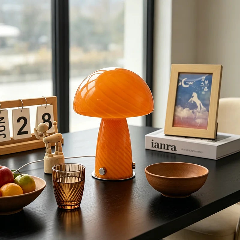 Mid Century Murano Glass Mushroom Table Lamp, Plug-In LED Bedside Light for Retro Aesthetic Living Room Home Decor