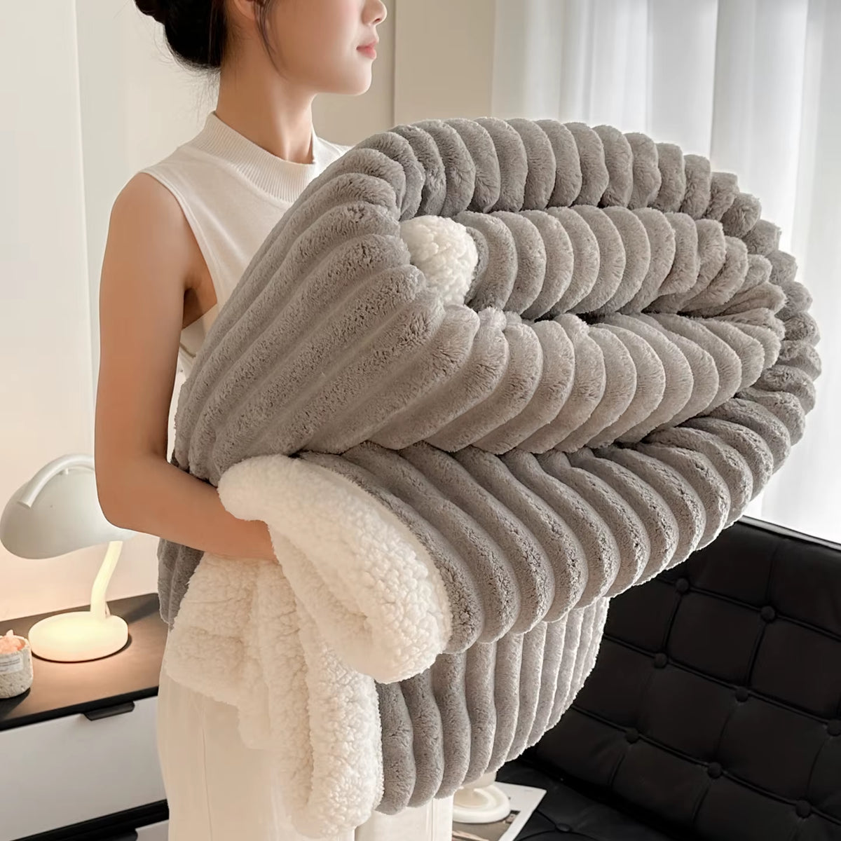 Cozy Fluffy Coral Fleece Blanket Thick Warm Striped Winter Duvets Soft Plush Sofa Throw Blanket Queen Bedroom Bedspread for Home