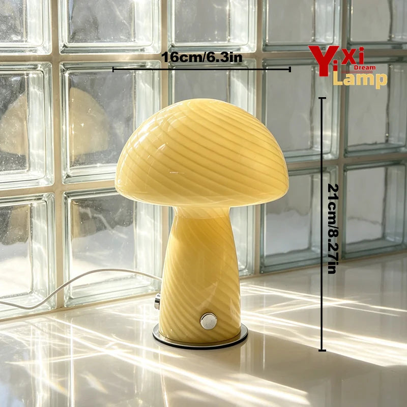 Mid Century Murano Glass Mushroom Table Lamp, Plug-In LED Bedside Light for Retro Aesthetic Living Room Home Decor