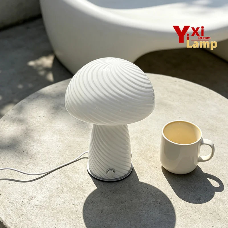 Mid Century Murano Glass Mushroom Table Lamp, Plug-In LED Bedside Light for Retro Aesthetic Living Room Home Decor