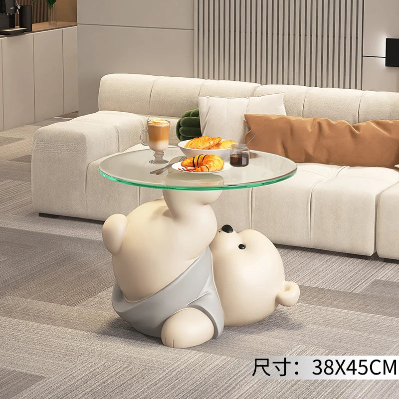 Home Decor Bear Statues round Glass Side Table Nordic Living Room Creative Animal Sculpture Coffee Tables Bedroom Bedside Tables