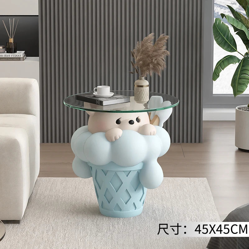 Home Decor Bear Statues round Glass Side Table Nordic Living Room Creative Animal Sculpture Coffee Tables Bedroom Bedside Tables