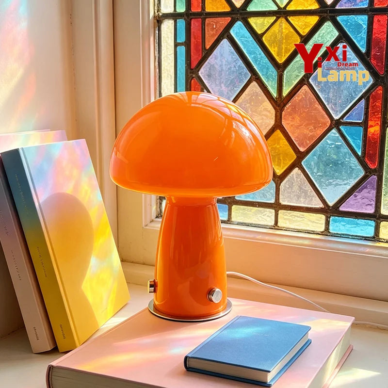 Mid Century Murano Glass Mushroom Table Lamp, Plug-In LED Bedside Light for Retro Aesthetic Living Room Home Decor
