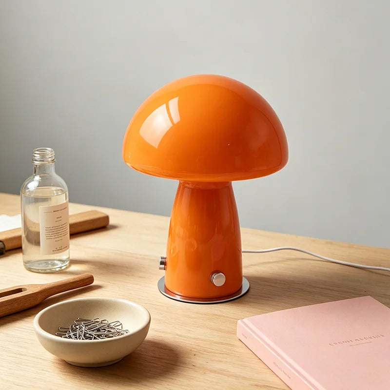 Mid Century Murano Glass Mushroom Table Lamp, Plug-In LED Bedside Light for Retro Aesthetic Living Room Home Decor
