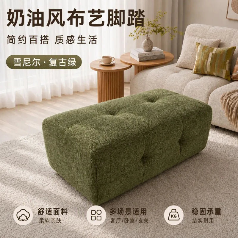 Cotton Linen Square Ottoman Footstool Living Room