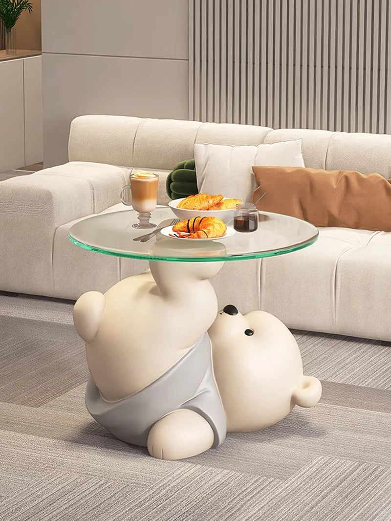Home Decor Bear Statues round Glass Side Table Nordic Living Room Creative Animal Sculpture Coffee Tables Bedroom Bedside Tables