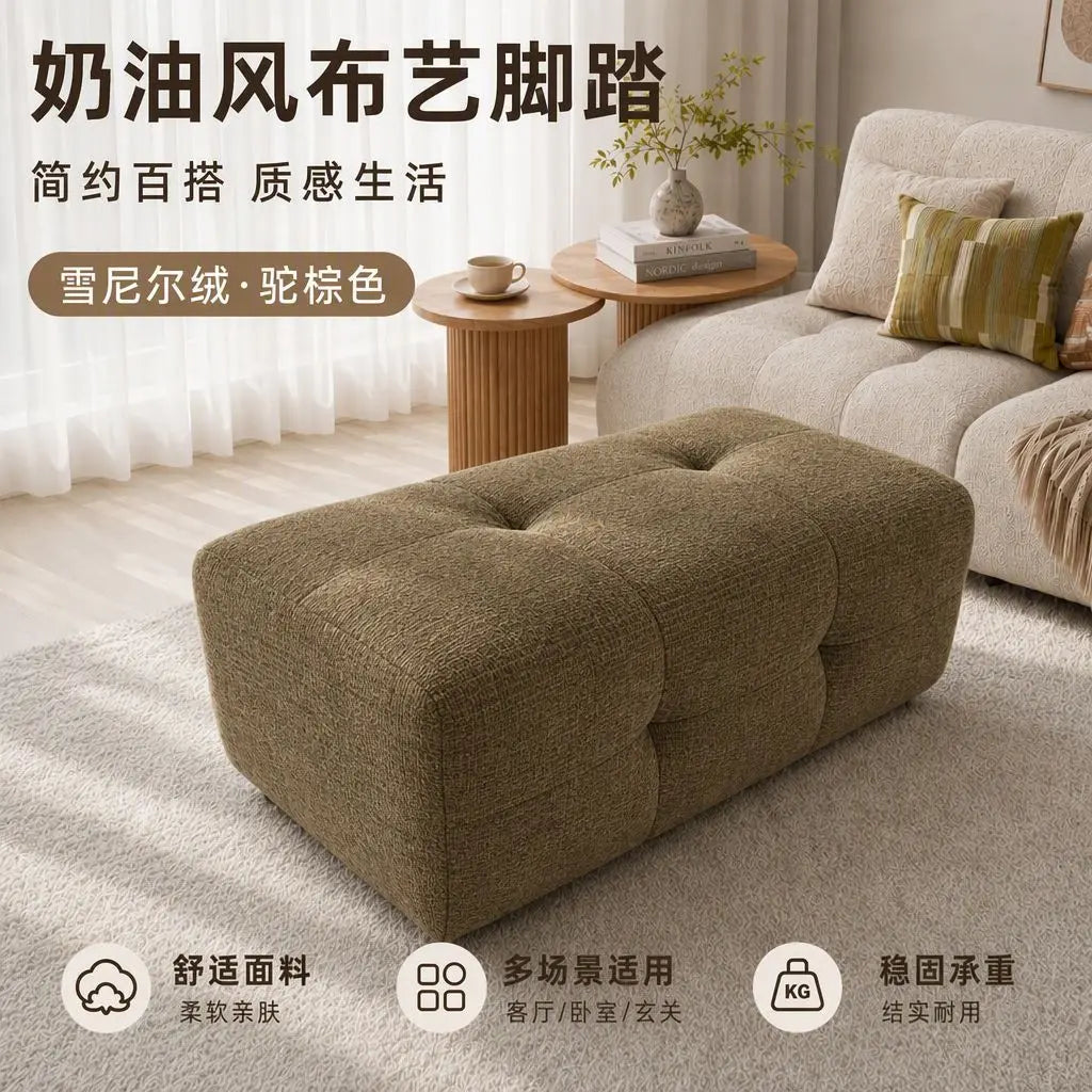Cotton Linen Square Ottoman Footstool Living Room