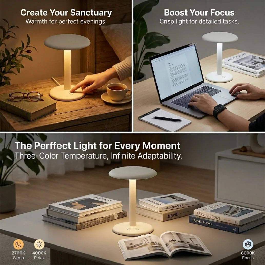 Cordless Touch Table Lamp, 3 Colors Dimmable LED Desk Lamp, Rechargeable Portable Bedside Lamp for Home Office Decor Gift