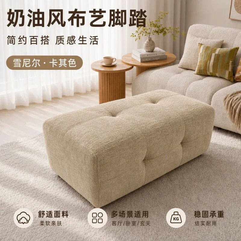Cotton Linen Square Ottoman Footstool Living Room