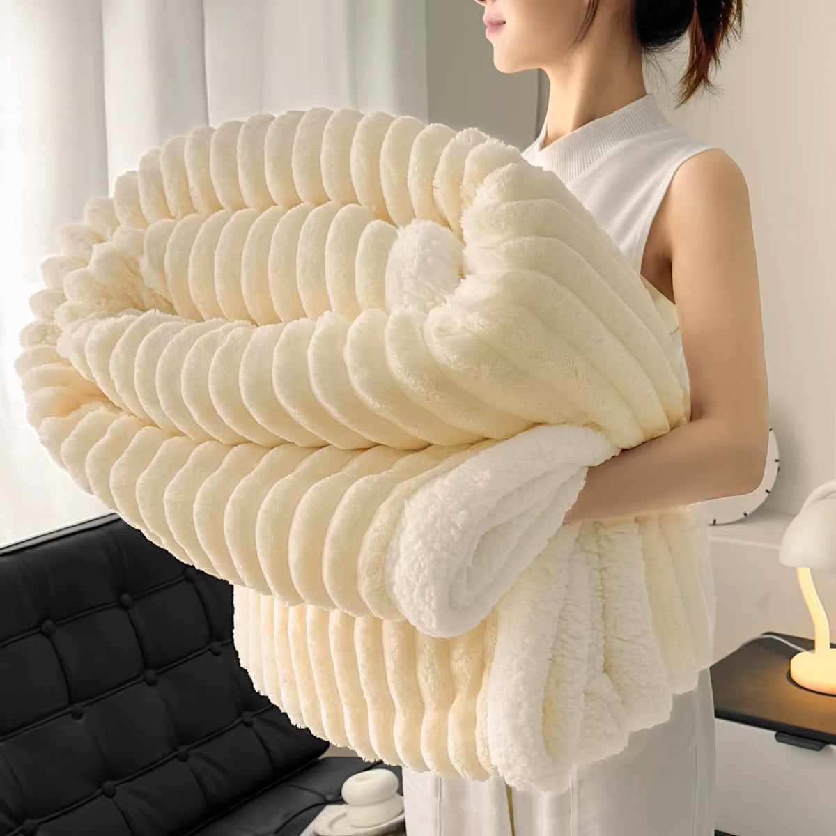 Cozy Fluffy Coral Fleece Blanket Thick Warm Striped Winter Duvets Soft Plush Sofa Throw Blanket Queen Bedroom Bedspread for Home