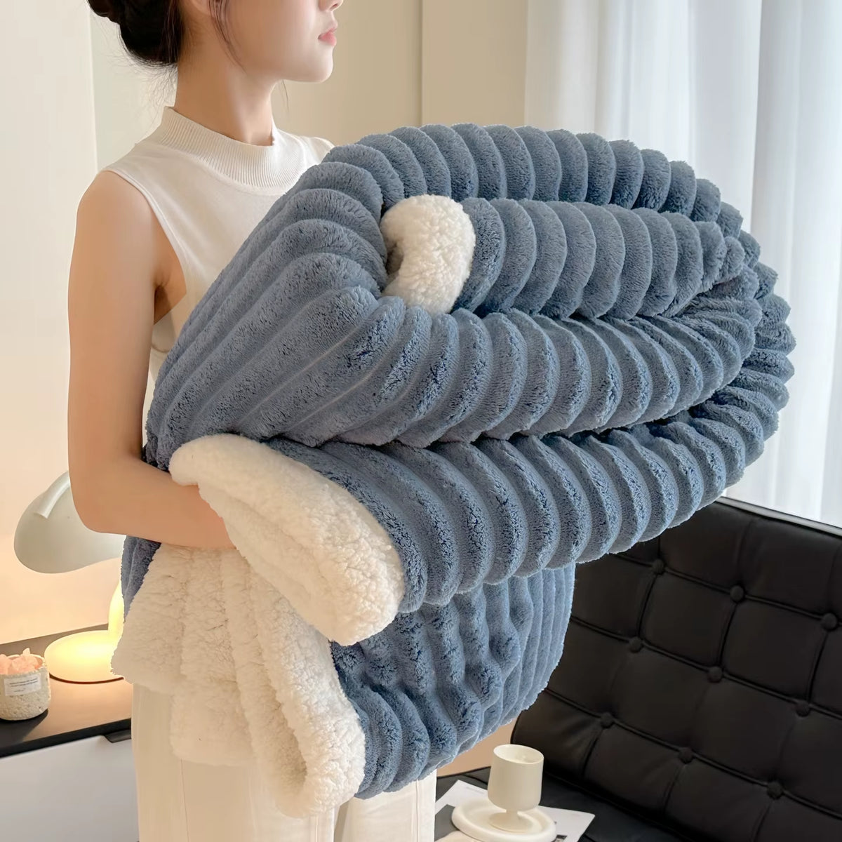 Cozy Fluffy Coral Fleece Blanket Thick Warm Striped Winter Duvets Soft Plush Sofa Throw Blanket Queen Bedroom Bedspread for Home